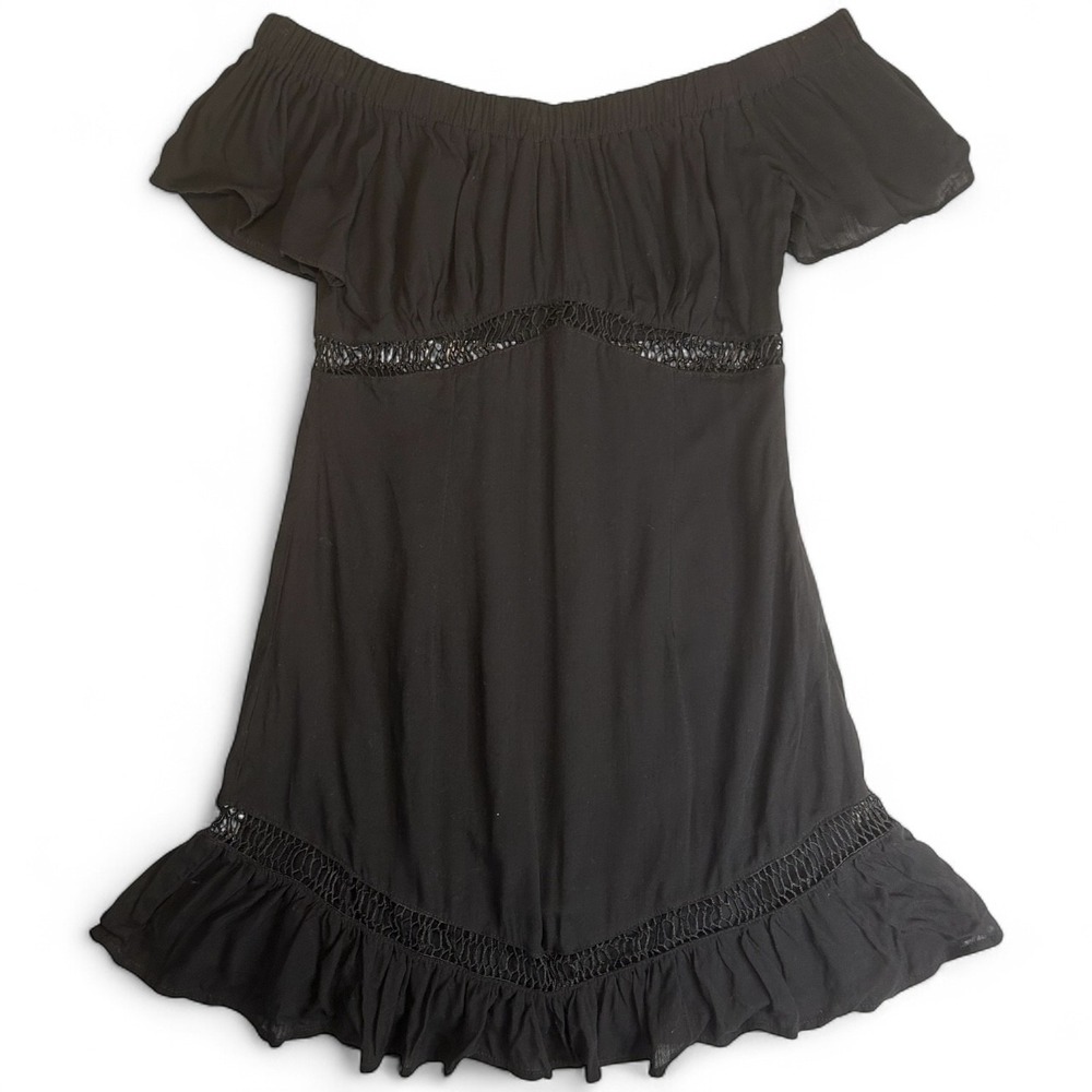 Cotton Candy LA Black Off Shoulder Dress Small Ruffle Hem Crochet Trim